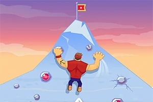 En tegneseriefigur klatrer på et fjell mot et flagg på toppen i solnedgang