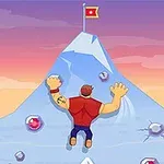 En tegneseriefigur klatrer på et fjell mot et flagg på toppen i solnedgang