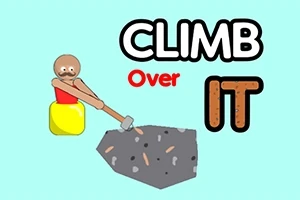 En tegneseriefigur i en gryte klatrer opp en stein med en hammer, med teksten CLIMB Over IT i bakgrunnen