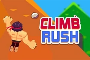 En muskuløs karakter klatrer en bratt vegg ved siden av teksten Climb Rush