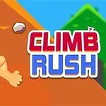 En muskuløs karakter klatrer en bratt vegg ved siden av teksten Climb Rush