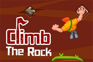 En tegnet figur med oransje hår og gul skjorte klatrer på en klippevegg, med teksten Climb The Rock ved siden av