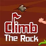 En tegnet figur med oransje hår og gul skjorte klatrer på en klippevegg, med teksten Climb The Rock ved siden av