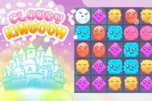 Skyer med ansikter, et slott, og ordet CLOUDY KINGDOM i fargerike bokstaver over en rutetabell med ansiktsformede ikoner