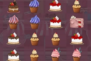Coco in Cakeland Flere typer kaker og muffins i ulike farger og dekorasjoner arrangert i et rutenett med en lilla bakgrunn