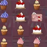 Coco in Cakeland Flere typer kaker og muffins i ulike farger og dekorasjoner arrangert i et rutenett med en lilla bakgrunn
