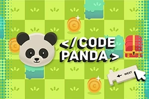 En tegnet panda, ordet CODE PANDA i midten, gullmynter, en rød skattkiste, og en hvit pil på grønnrutete bakgrunn