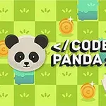 En tegnet panda, ordet CODE PANDA i midten, gullmynter, en rød skattkiste, og en hvit pil på grønnrutete bakgrunn