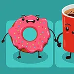 En tegneserieaktig smultring med rosa glasur og fargerikt strøssel holder hender med et smilende, rødt kaffekrus, begge med ansikter og armer