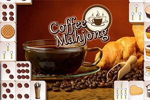 En kopp kaffe og croissanter på et bord med kaffebønner rundt, omringet av fliser med mat- og kaffeillustrasjoner