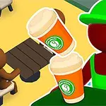 En rød figur i grønn uniform holder to kaffekopper foran en sittende brun figur ved et bord