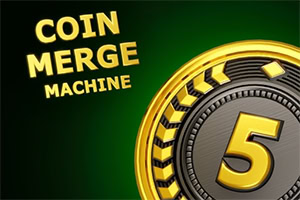 Gullmynt med tallet 5 og teksten «Coin Merge Machine» på mørkegrønn bakgrunn
