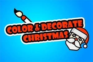 Teksten Color & Decorate Christmas i rødt med en hvit kant, sammen med en illustrasjon av en malepensel og en tegneserie-aktig julenissehode på en blå bakgrunn