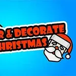 Teksten Color & Decorate Christmas i rødt med en hvit kant, sammen med en illustrasjon av en malepensel og en tegneserie-aktig julenissehode på en blå bakgrunn