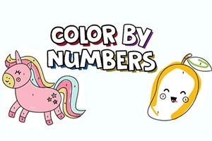 En rosa enhjørning med fargerik man og en smilende mangofigur ved siden av teksten Color by Numbers