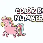 En rosa enhjørning med fargerik man og en smilende mangofigur ved siden av teksten Color by Numbers