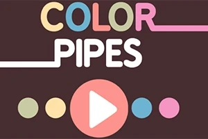 Tekst med ordene COLOR PIPES i forskjellige farger over en brun bakgrunn med fargede sirkler og en stor hvit avspillingsknapp i midten