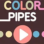 Tekst med ordene COLOR PIPES i forskjellige farger over en brun bakgrunn med fargede sirkler og en stor hvit avspillingsknapp i midten