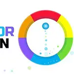 Fargerik logo med teksten COLOR SPIN ved siden av en flerfarget sirkel med et blått punkt og bobler i midten
