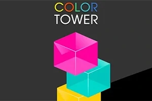 Fargerike, gjennomsiktige kuber stablet oppå hverandre med teksten Color Tower på en mørk bakgrunn
