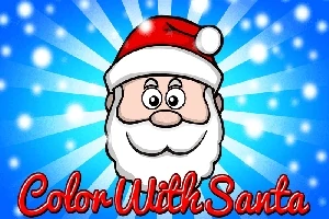 Tegnet bilde av julenissen med rød nisselue, hvitt skjegg og teksten Color With Santa foran en blå bakgrunn med stjerner