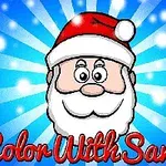 Tegnet bilde av julenissen med rød nisselue, hvitt skjegg og teksten Color With Santa foran en blå bakgrunn med stjerner