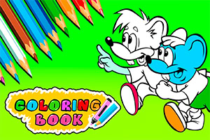 Tegning av to fargerike tegneseriefigurer, en hvit og en blå mus, foran et grønt bakgrunn, omgitt av fargeblyanter og teksten Coloring Book