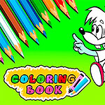 Tegning av to fargerike tegneseriefigurer, en hvit og en blå mus, foran et grønt bakgrunn, omgitt av fargeblyanter og teksten Coloring Book