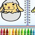 To hundevalper i eggeskall, en uferdig i svart og hvitt og den andre malt i farger, med en rekke fargeblyanter nederst