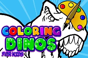 Dinosaur med en malepalett og pensel, med fargerik tekst Coloring Dinos for Kids over