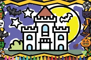 En tegning av et slott med flaggermus, stjerner, og en stor gul måne i bakgrunnen, omkranset av Halloween-symboler som gresskar og spøkelser