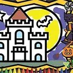 En tegning av et slott med flaggermus, stjerner, og en stor gul måne i bakgrunnen, omkranset av Halloween-symboler som gresskar og spøkelser