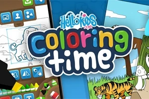 Fargerik illustrasjon med tegninger av en tiger i skogen og teksten coloring time i midten