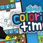Fargerik illustrasjon med tegninger av en tiger i skogen og teksten coloring time i midten