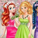 Tre animerte kvinner i elegante kjoler poserer med håndvesker foran en blomstrende bakgrunn