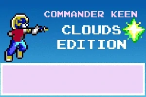 Tegneseriefigur med hjelm og poing pistol sammen med teksten Clouds Edition og en stjerne på en blå bakgrunn