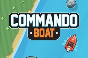 En illustrasjon av en liten rød båt som navigerer en blå elv med steiner, flankert av gress og sand, med teksten Commando Boat i midten