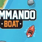 En illustrasjon av en liten rød båt som navigerer en blå elv med steiner, flankert av gress og sand, med teksten Commando Boat i midten