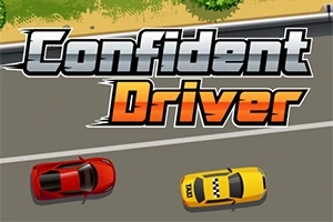 To biler, en rød og en gul, kjører side om side på en vei med teksten Confident Driver over dem