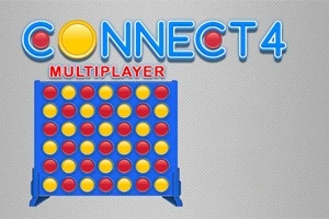 Et blått rutenett fylt med røde og gule brikker, med teksten Connect 4 Multiplayer i blå og rød skrift over