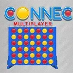 Et blått rutenett fylt med røde og gule brikker, med teksten Connect 4 Multiplayer i blå og rød skrift over