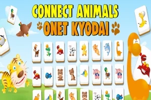Tegnefilmaktige dyr og brikker med dyreillustrasjoner mot en blå himmelbakgrunn, med teksten Connect Animals Onet Kyodai i gult og oransje