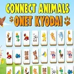 Tegnefilmaktige dyr og brikker med dyreillustrasjoner mot en blå himmelbakgrunn, med teksten Connect Animals Onet Kyodai i gult og oransje