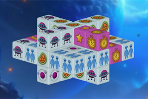 Kubiske brikker med romvesen, ufoer, stjerner og klokker på blå bakgrunn