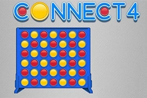 Blått rutenett med røde og gule brikker og teksten CONNECT 4 øverst