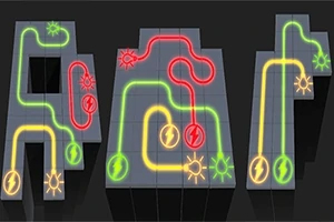 Connect It To nettverk av linjer i rødt, grønt og gult på et rutenett med elektriske symboler
