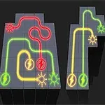 Connect It To nettverk av linjer i rødt, grønt og gult på et rutenett med elektriske symboler