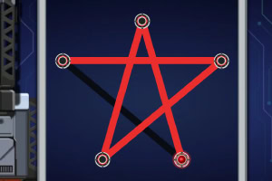 Rødt pentagram med sirkelformede punkter i hjørnene på en mørk bakgrunn