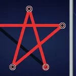 Rødt pentagram med sirkelformede punkter i hjørnene på en mørk bakgrunn