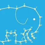 Tegning av en elefant laget av nummererte punkter som kan kobles sammen, på en blå bakgrunn